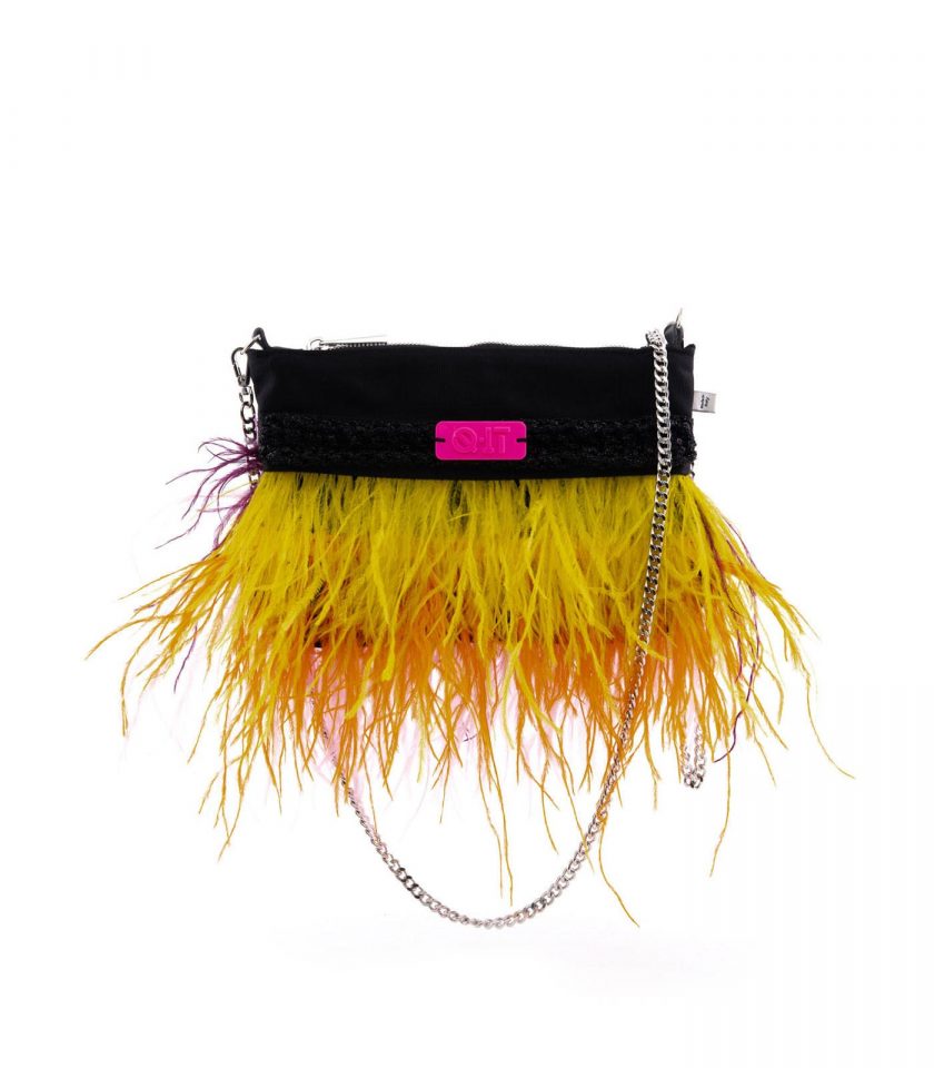 Mini black bag pink feathers front Quittobags Made in Italy
