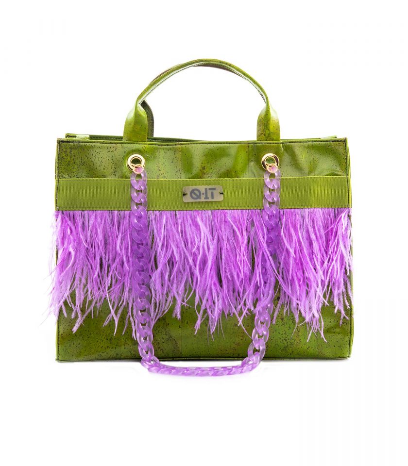Tote Cork Green Feathers Front Quittobags Made in Italy