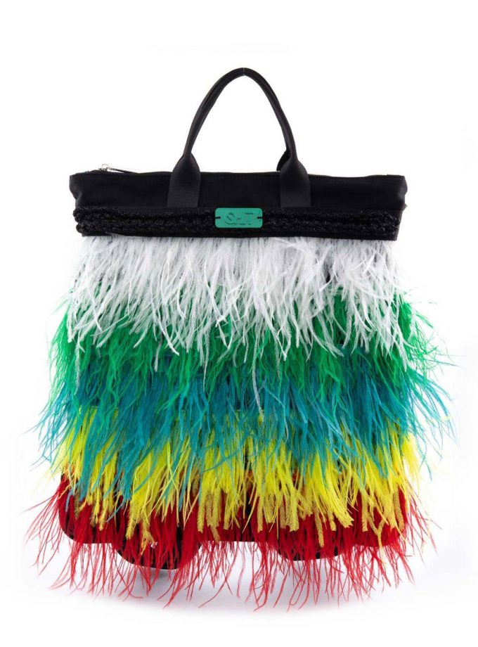 Front photo of the black backpack with green feathers Medellin line